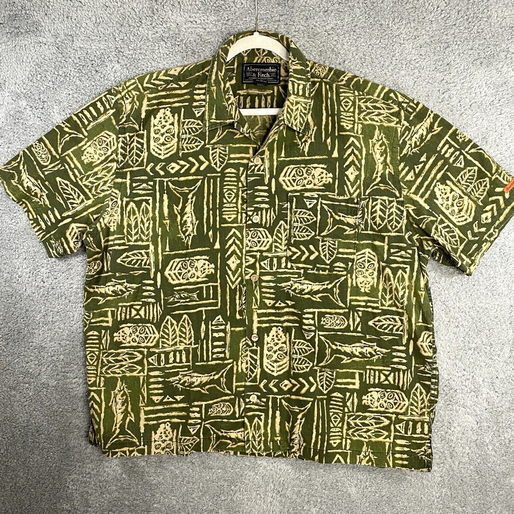 Abercrombie & Fitch Casual Shirt Size XL Green Fish Pattern Short‎ Sleeve